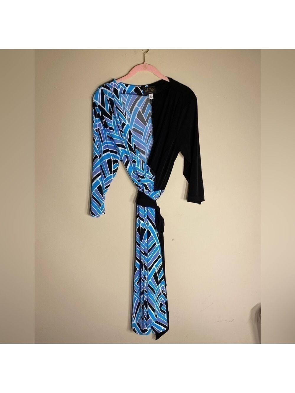 Bob Mackie Wearable Art Blue/Black Faux Wrap Dress M